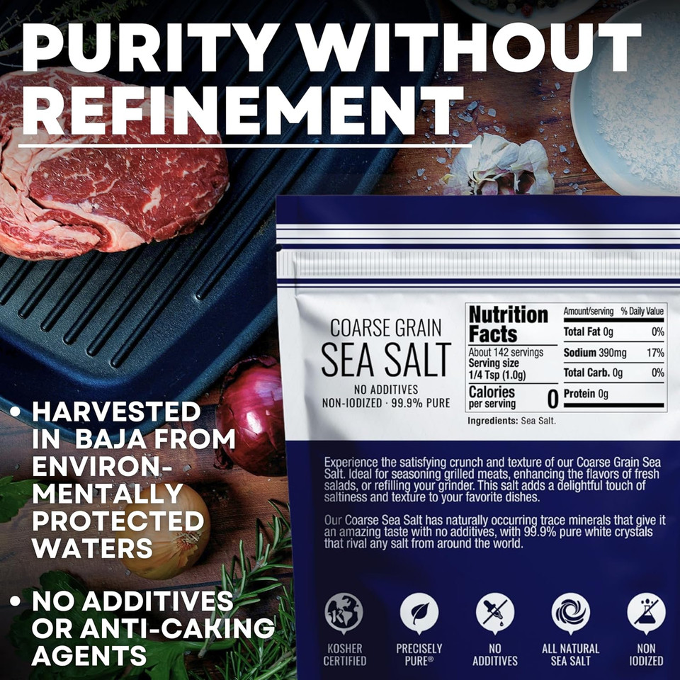 Coarse Grain Kosher Sea Salt For Grinder, Non-Iodized & Natural Replacement For Table Salt, 5 Oz Bag