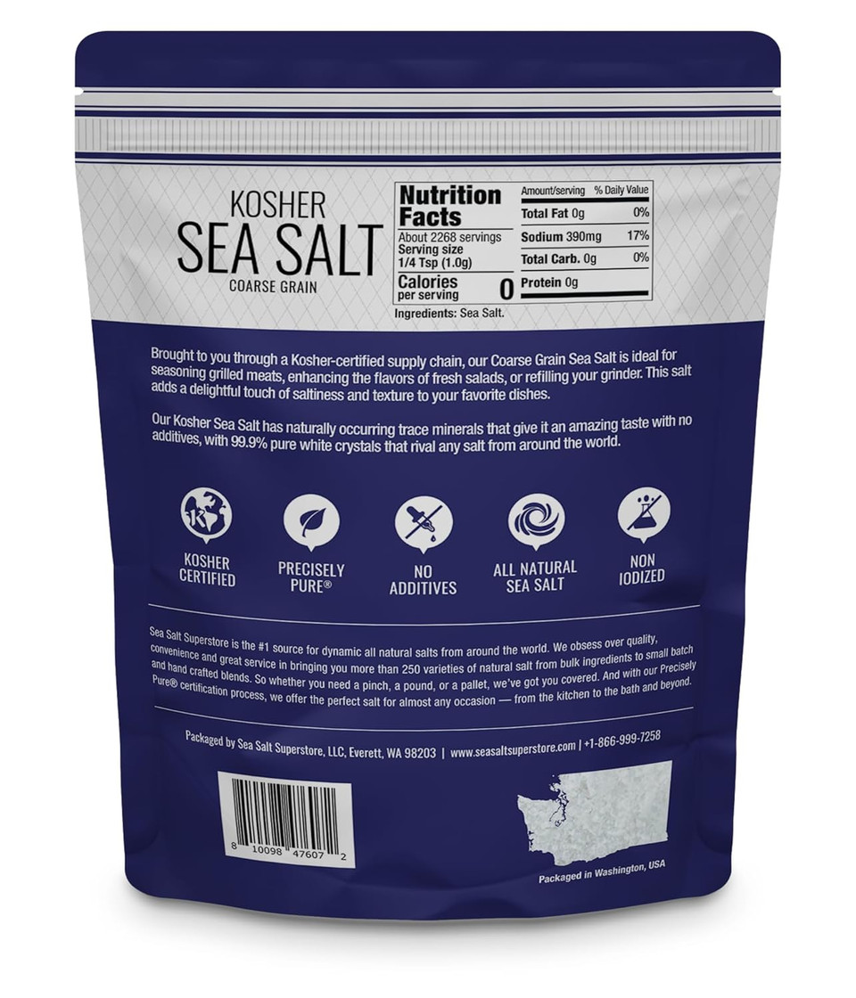 Kosher Sea Salt, Coarse Grain Kosher Salt Replacement For Table Salt, Non-Iodized & Natural Sea Salt For Grinder, 5 Lb Bag, Sea Salt Superstore
