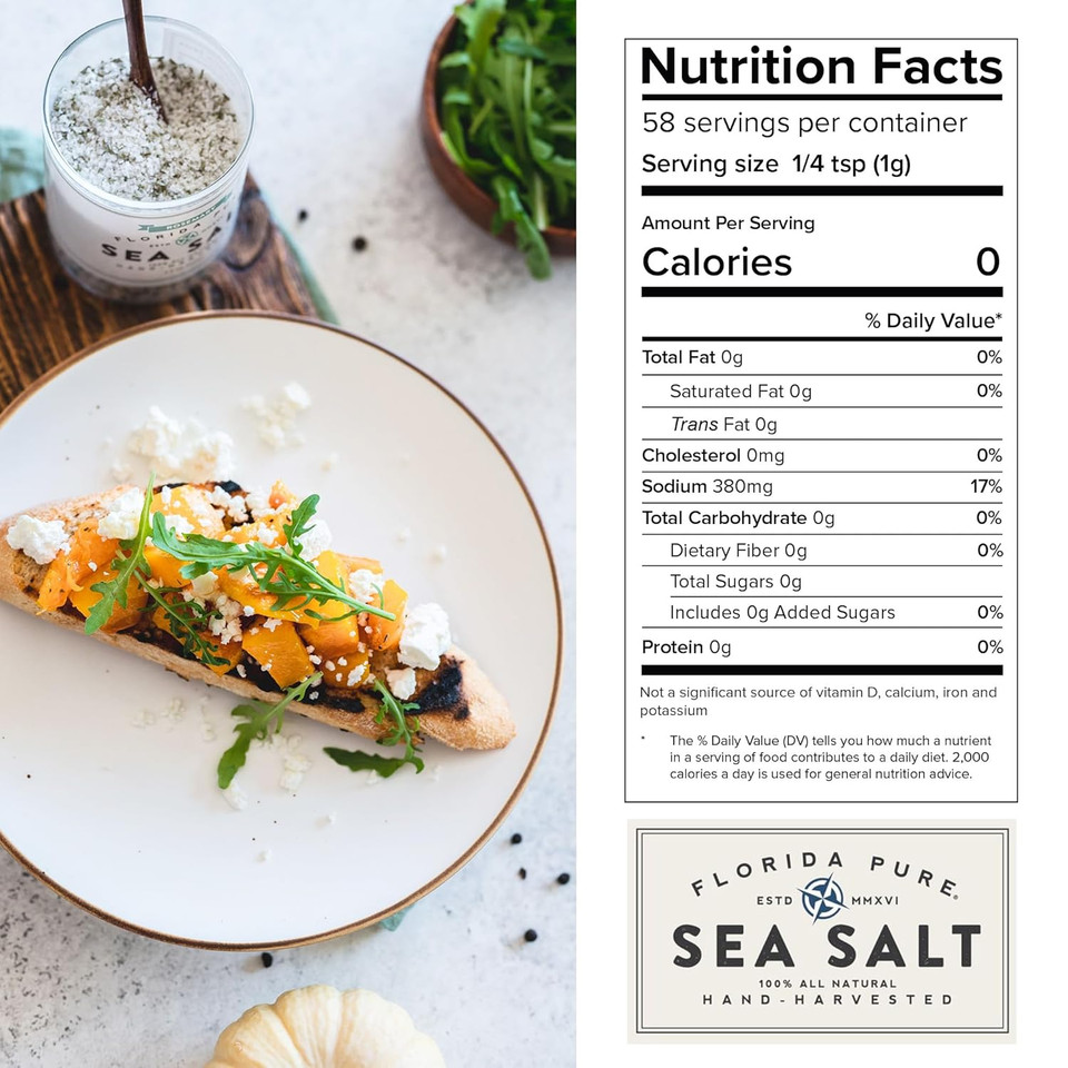 Florida Pure Rosemary Sea Salt - 80+ Mineral Sea Salt, Natural, Unrefined, Non Iodized - For Baking, Cooking, Seasoning & Enhancing Taste - Hand-Harvested Flaky Sea Salt (4.5 Oz Jar)