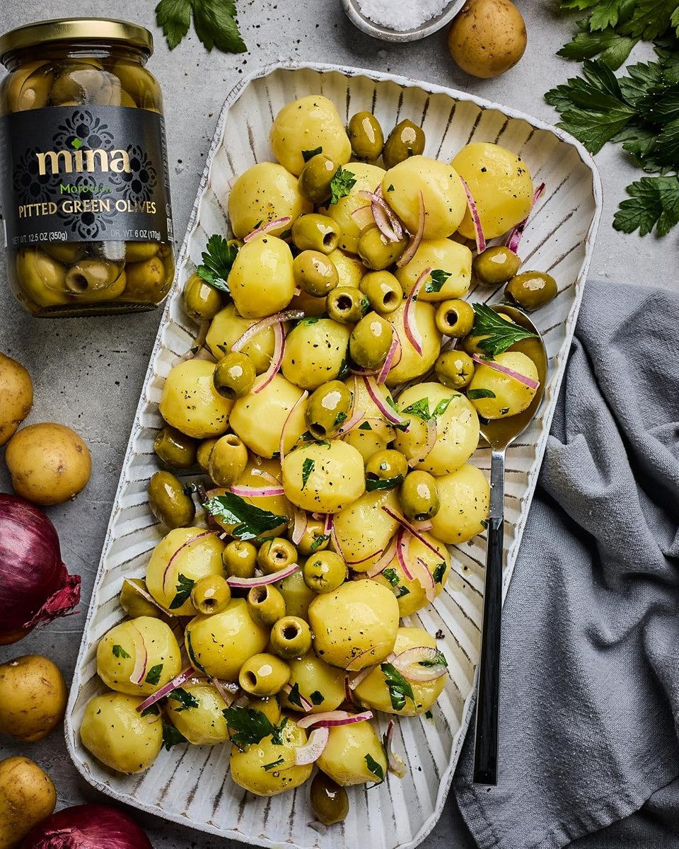 Mina Green Olives Pitted, 12.5 Oz - Delicious Pitted Green Olives, Keto And Paleo Snack, Hand Picked, Naturally Cured, Gluten Free, Low Carb, Vegan, Non Gmo And Kosher