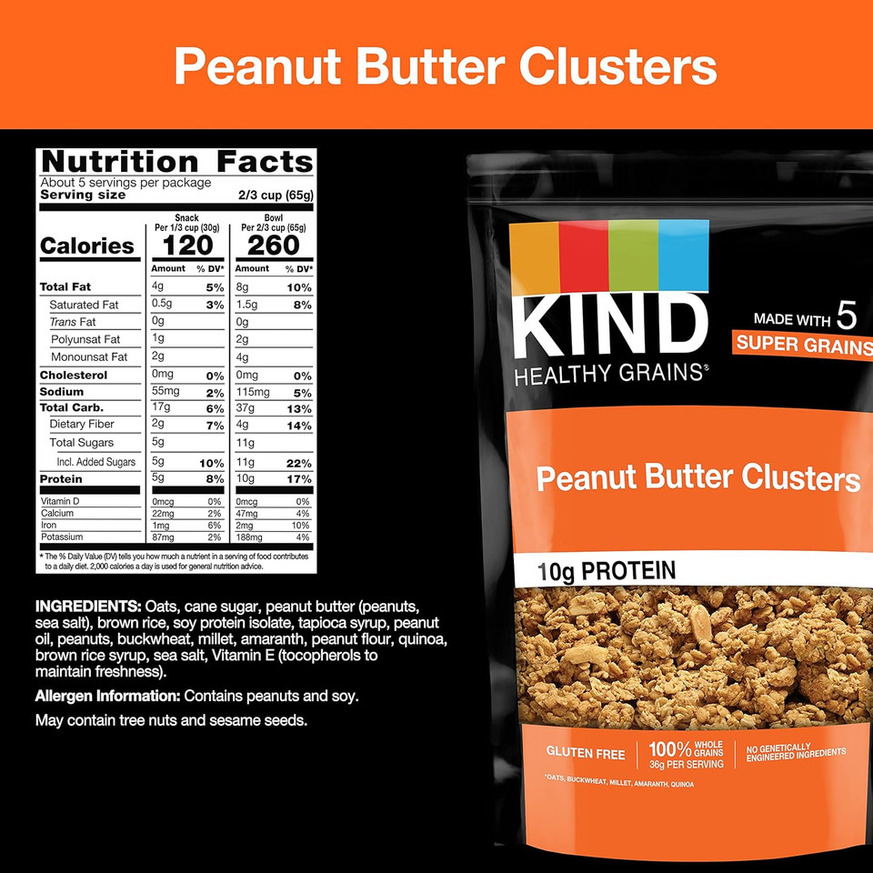 Kind Healthy Grains Granola, Peanut Butter Clusters, Healthy Snacks, Gluten Free, 100% Whole Grains, 10G Protein, 11Oz, 3 Count