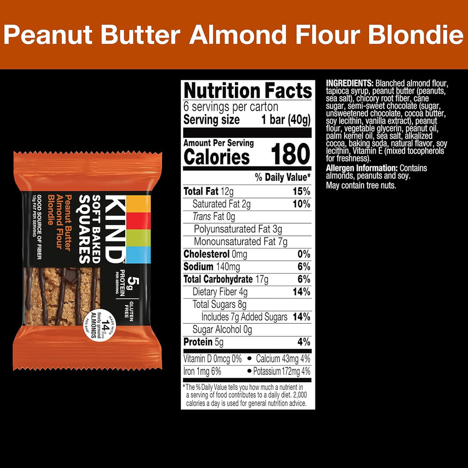 Kind Soft Baked Squares, Peanut Butter Almond Flour Blondie, Healthy Snack Bars, Gluten Free, 5G Protein, 6 Count