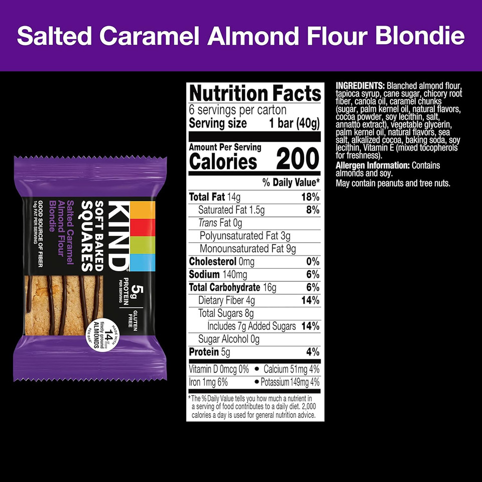 Kind Soft Baked Squares, Salted Caramel Almond Flour Blondie, Healthy Snack Bars, Gluten Free, 5G Protein, 6 Count