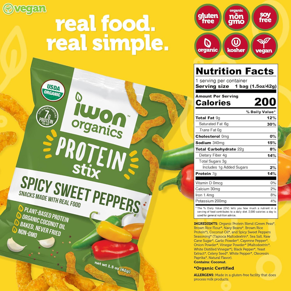 Iwon Organics Mesquite Bbq Flavor Snack Stix, High Protein And Organic Healthy Snacks, 8 Bags, 1.5 Ounce