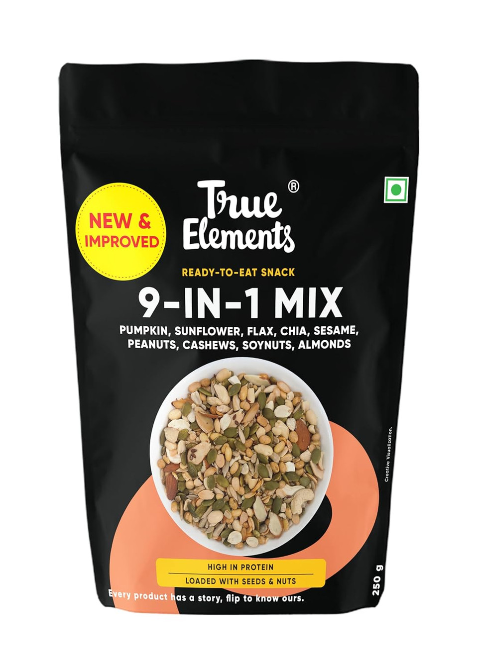 True Elements 9 In 1 Snack Mix 8.82 Oz - Mix Of Pumpkin, Watermelon, Flax, Chia, Sunflower, Peanuts, Soynuts, Almonds & Cashew Nuts
