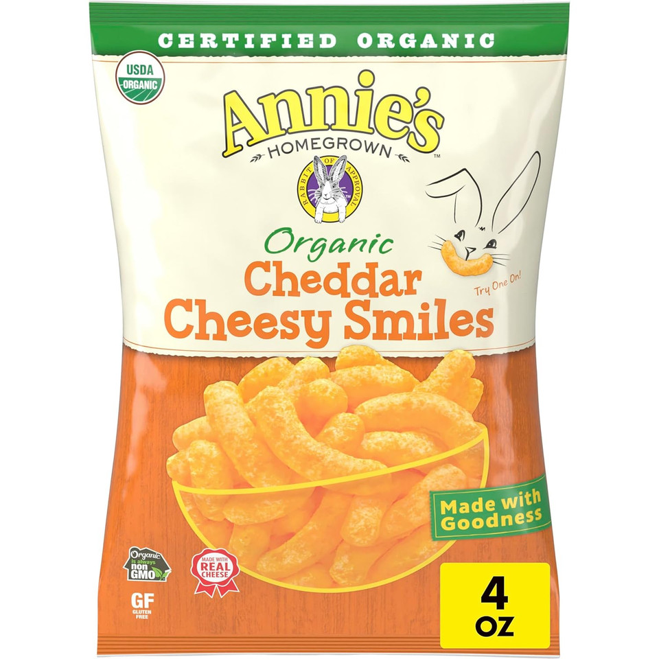 Annie'S Organic Cheddar Cheesy Smiles, Baked Corn Puffs, Gluten Free, 4 Oz