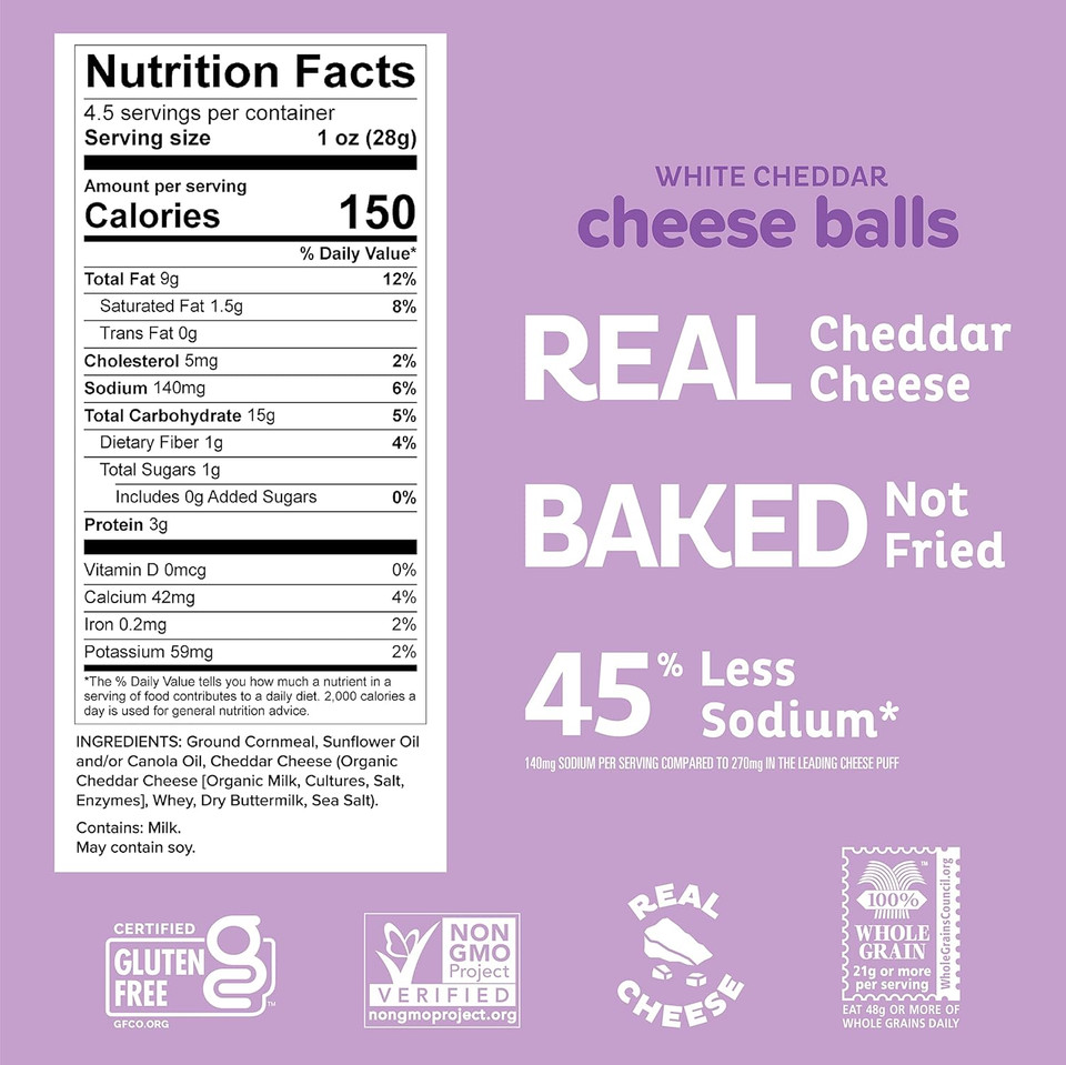 Heirloom White Cheddar Cheese Balls By Pipcorn - 4.5Oz 6Pk - Healthy Snacks, Gluten Free, Heirloom Corn, Baked Not Fried