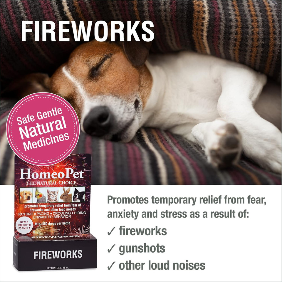 Homeopet Fireworks, Safe And Natural Loud-Noise-Anxiety Calming Supplement For Cats, Dogs, And Other Small Animals, 15 Milliliters