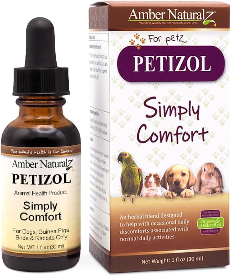Amber Naturalz Petizol Simply Comfort Herbal Supplement For Dogs, Bird, Rabbit | Support For Occasional Discomforts And Normal Body Temperature | 4 Fluid Ounce Glass Bottle | Manufactured In The Usa