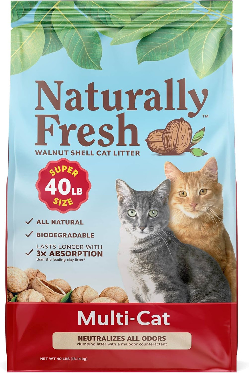 Naturally Fresh Cat Litter Made From Walnut Shells, Multi-Cat, Unscented, Upcycled, Low Dust, Sustainable, 40 Lbs