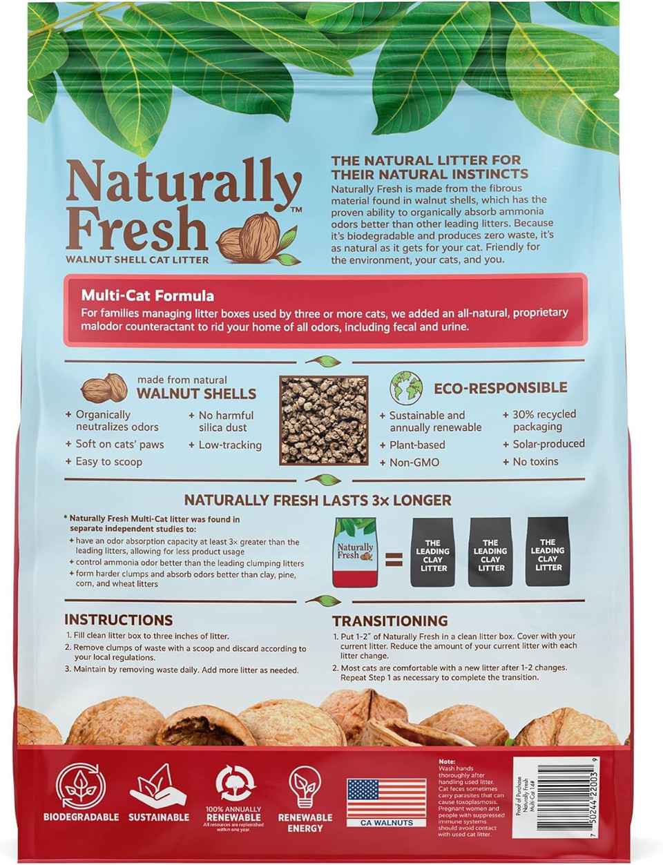 Naturally Fresh Cat Litter Made From Walnut Shells, Multi-Cat, Unscented, Upcycled, Low Dust, Sustainable, 40 Lbs
