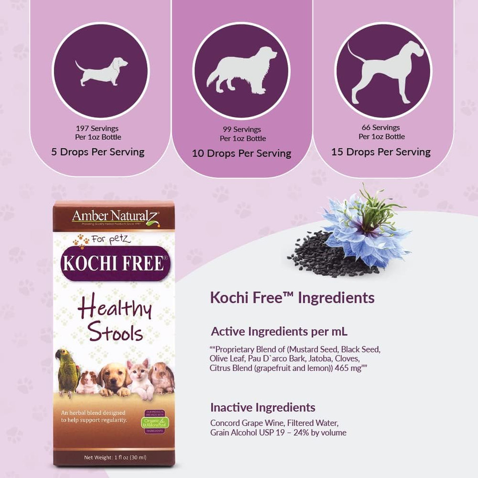 Amber Naturalz Kochi Free Herbal Supplement For Dogs, Cats, Birds, Guinea Pigs, And Rabbits | Pet Herbal Supplement For Healthy Stool Support | 1 Fluid Ounce Glass Bottle | Manufactured In The Usa