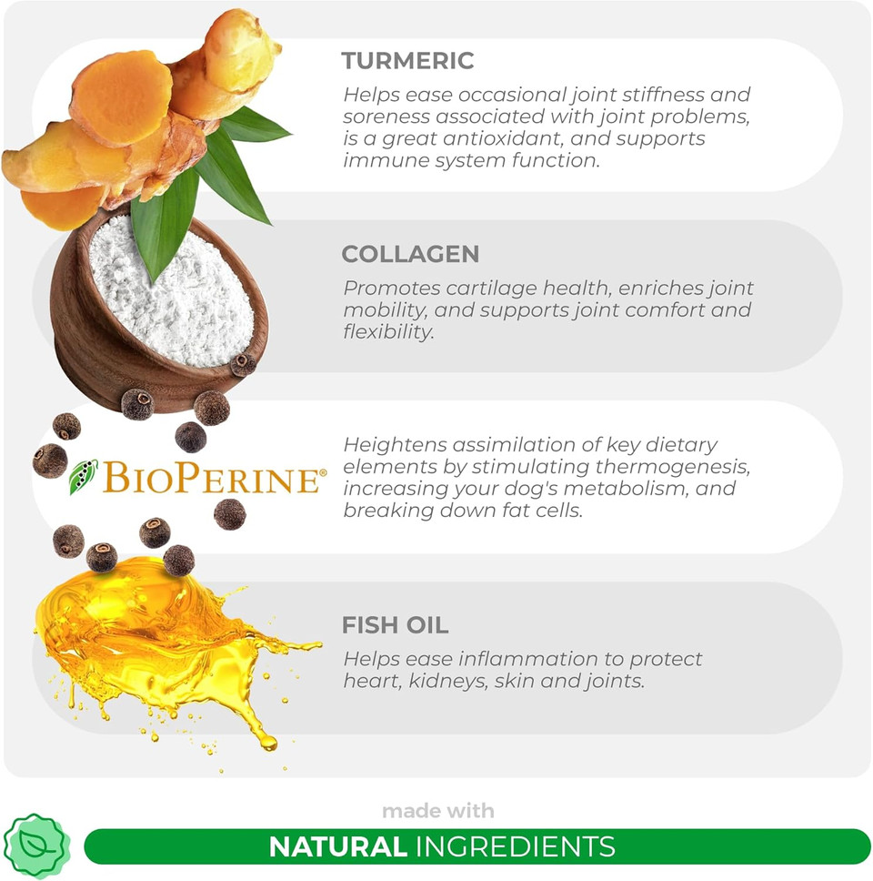 Turmeric Curcumin For Dogs - 90 Soft Chews - With Collagen, Bioperine And Fish Oil - Hip & Joint Support, Ease Inflammation, Antioxidant, Cardiovascular & Liver Support