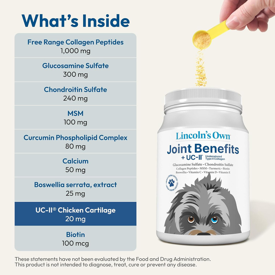 Andrew Lessman LincolnS Own Joint Benefits For Dogs. 60 Servings. Advanced Glucosamine, Chondroitin And Free-Range Collagen Peptide Powder For Dogs. Contains No Additives Of Any Kind