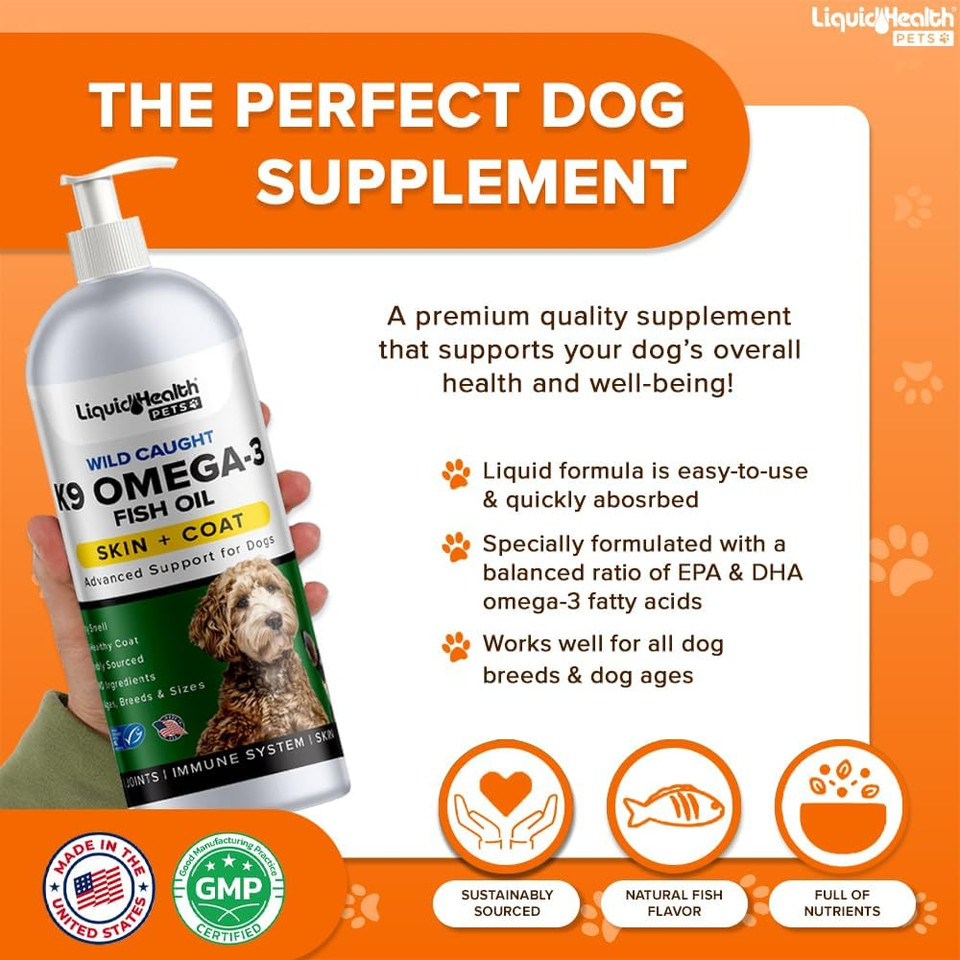 Liquid Health Pets K9 Omega 3 Fish Oil For Dogs - Liquid Omega 3 Supplement For Pets With Epa + Dpa + Dha - Reduce Itching & Shedding, Support Joints, Immunity, Brain & Heart Health - Usa Made (16 Oz)