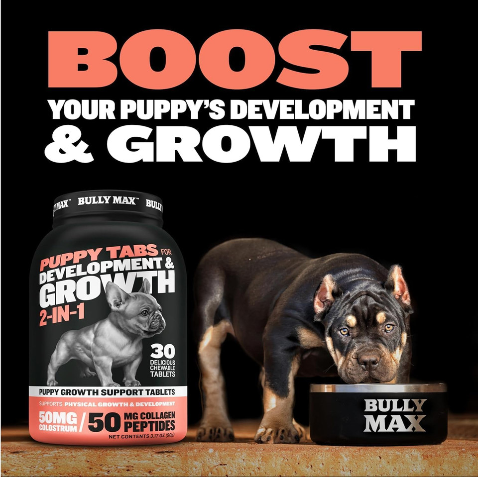 Bully Max 2-In-1 Puppy Vitamins - 30 Chewable Tablets For Growth & Development Of Puppies - Multivitamin Treats & Essential Dog Supplements For Small Dogs & Large Breed Growing Pups - 3 Bottles