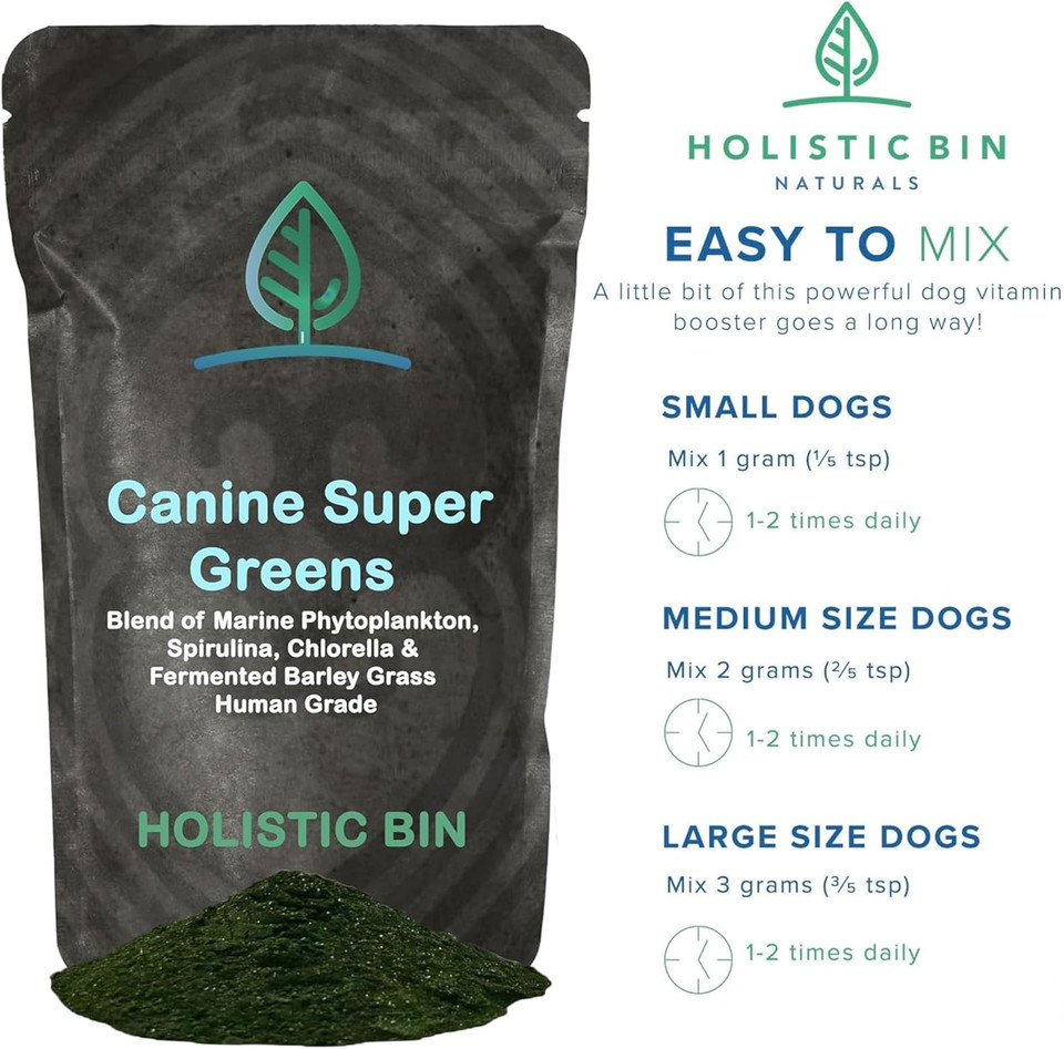 Holistic Bin Canine Super Greens - Plant-Based Nutritional Dog Multivitamin - Essential Vitamins And Supplement For Dogs - Supports Skin, Coat, Bone Health, & Digestive Health For Pet Health (50G)