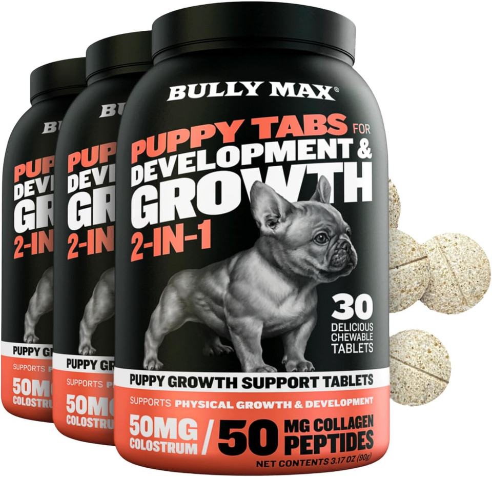 Bully Max 2-In-1 Puppy Vitamins - 30 Chewable Tablets For Development And Growth Of Puppies - Dog Treats, Vitamin & Supplements For Small Dogs & Large Breed Growing Pups - Can Be Used As Food Topper