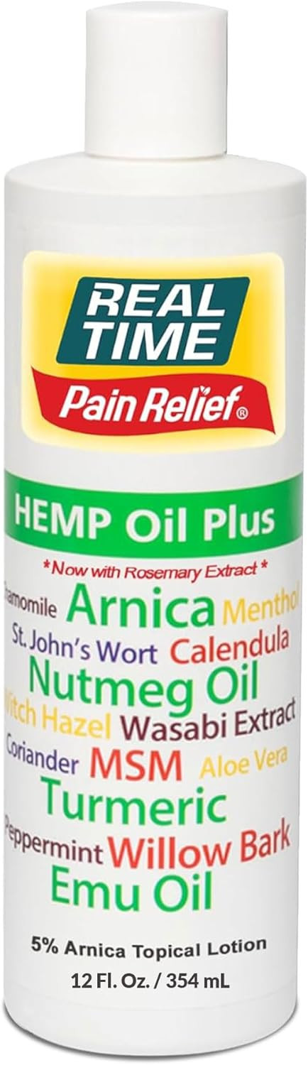 Real Time Pain Relief Hemp Oil Plus 12Oz Bottle | 20 Natural Ingredients: 5% Arnica & Rosemary | Fast Absorbing Lotion For Muscles, Hands, Feet, Ankle, Back, Shoulder, Knees & Joint Pain Discomfort