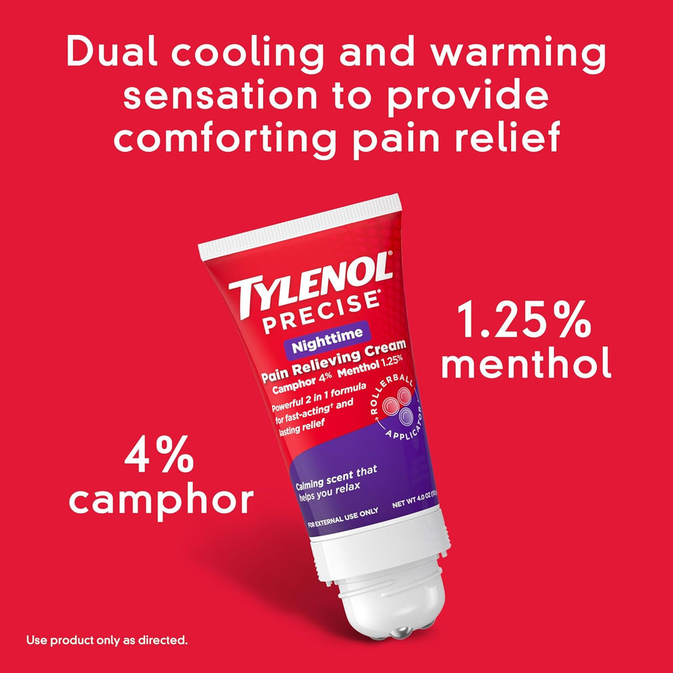 Tylenol Precise Pain Relieving Cream, Maximum Strength 4% Lidocaine Topical Analgesic For Back, Knee & Joint Pain, Penetrating Relief, Non-Sticky, Fragrance Free, No Dyes, 4Oz