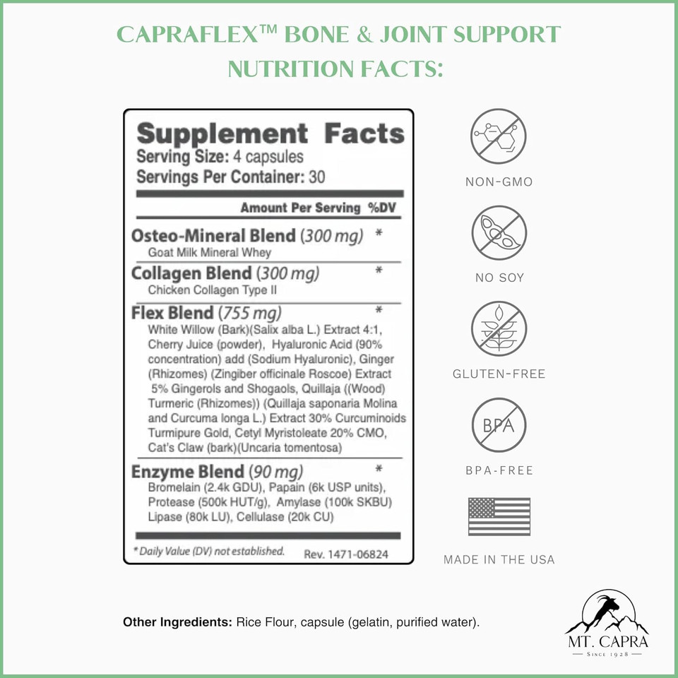 Capraflex By Mt. Capra | Bone And Joint Support Supplement With Chicken Collagen, Hyaluronic Acid, Turmeric, And Herbs For Joint Vitality | 30 Servings - 120 Capsules