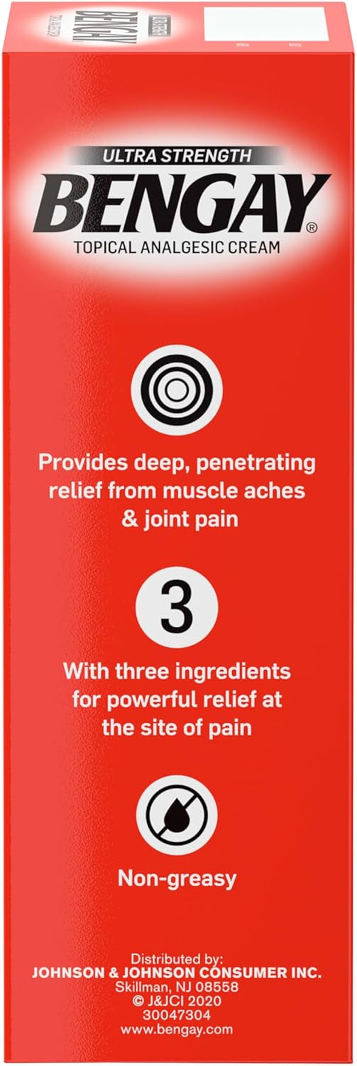 Bengay Ultra Strength Bengay Topical Pain Relief Cream, Non-Greasy Topical Analgesic For Minor Arthritis, Muscle, Joint, And Back Pain, Camphor, Menthol & Methyl Salicylate, 2 Oz