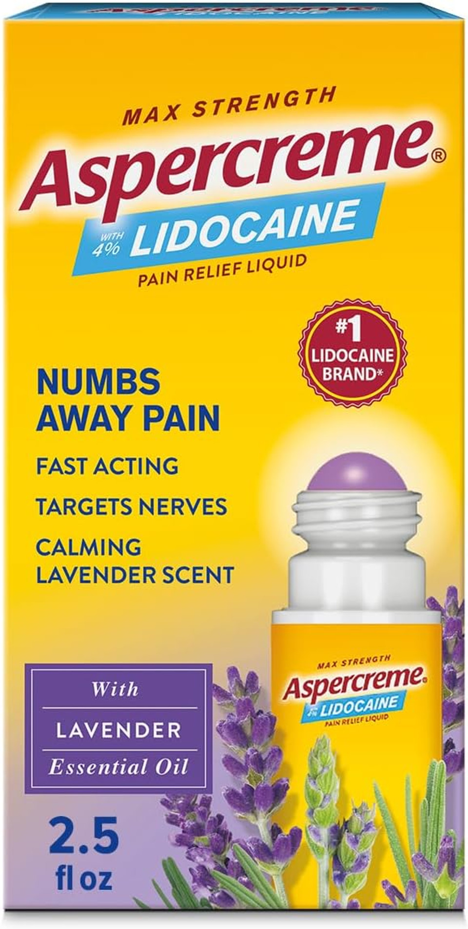 Aspercreme Essential Oils Lidocaine Pain Relief With No-Mess Roll-On Applicator, Max-Strength Lidocaine Numbs Away Nerve Pain, Moisturizing Aloe Hydrates Skin, Lavender, 2.5 Oz