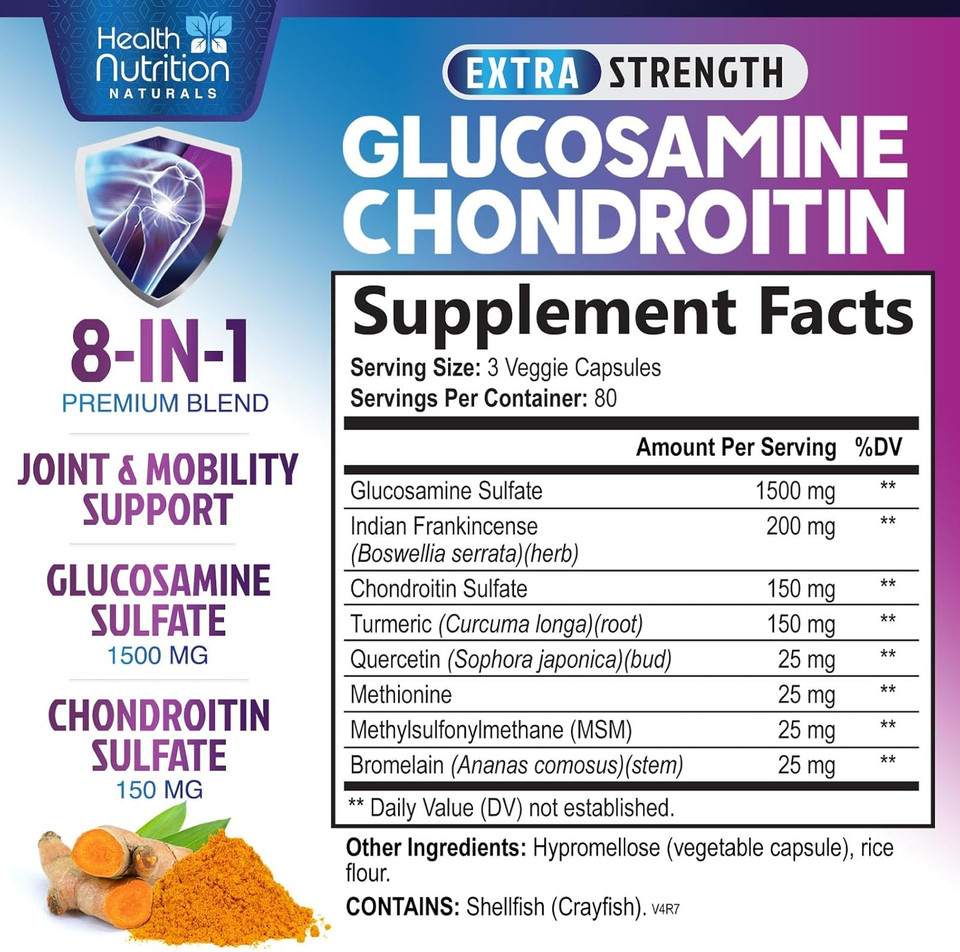 Glucosamine Chondroitin Supplement - 2100Mg Joint Health Supplement With Msm Turmeric & Boswellia - Quercetin For Cartilage, Flexibility & Mobility - Triple Strength Glucosamine Sulfate - 240 Capsules