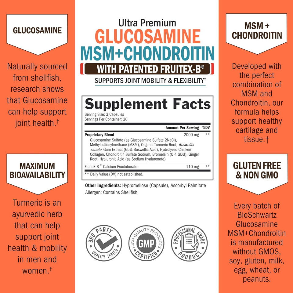 Glucosamine Chondroitin Msm Joint Support Supplement - Fsa Hsa Approved - Collagen Peptides, Turmeric And Ginger, Hyaluronic Acid, Glucosamine Chondroitin Sulfate - Gluten Free, Non Gmo, 90 Capsules