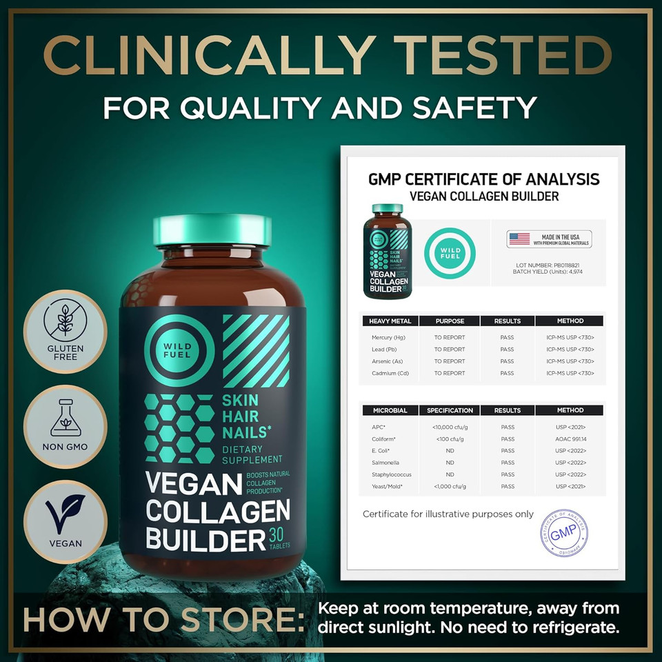 Wild Fuel Vegan Collagen Builder - Biotin, Organic Superfood, Amino Acids Glycine, Lysine, Proline Plant-Based Collagen Booster Supplements - 30 Organic Extract Tablets