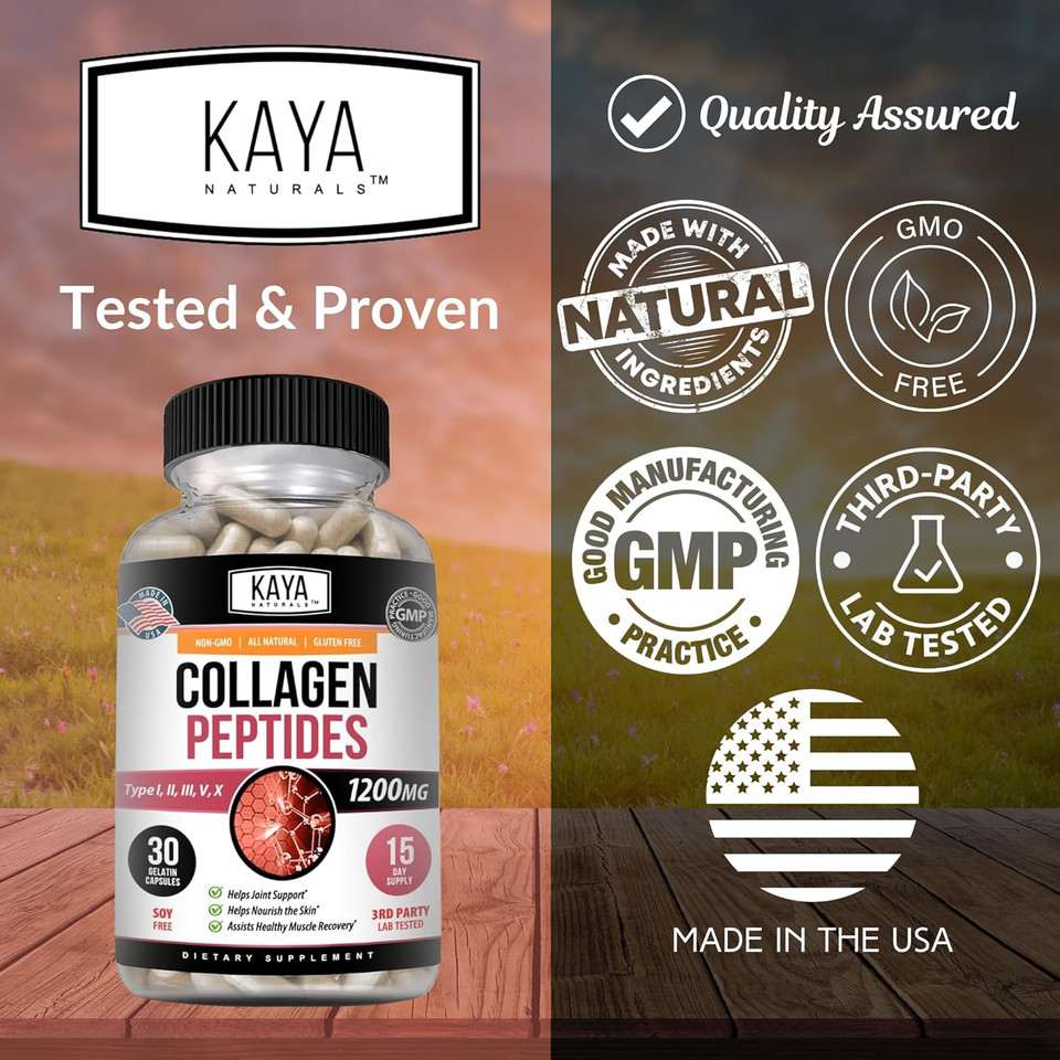 Kaya Naturals Multi Collagen Peptides Complex Powder For Women And Men, Types I, Ii, Iii, V & X | 60 Count Capsules