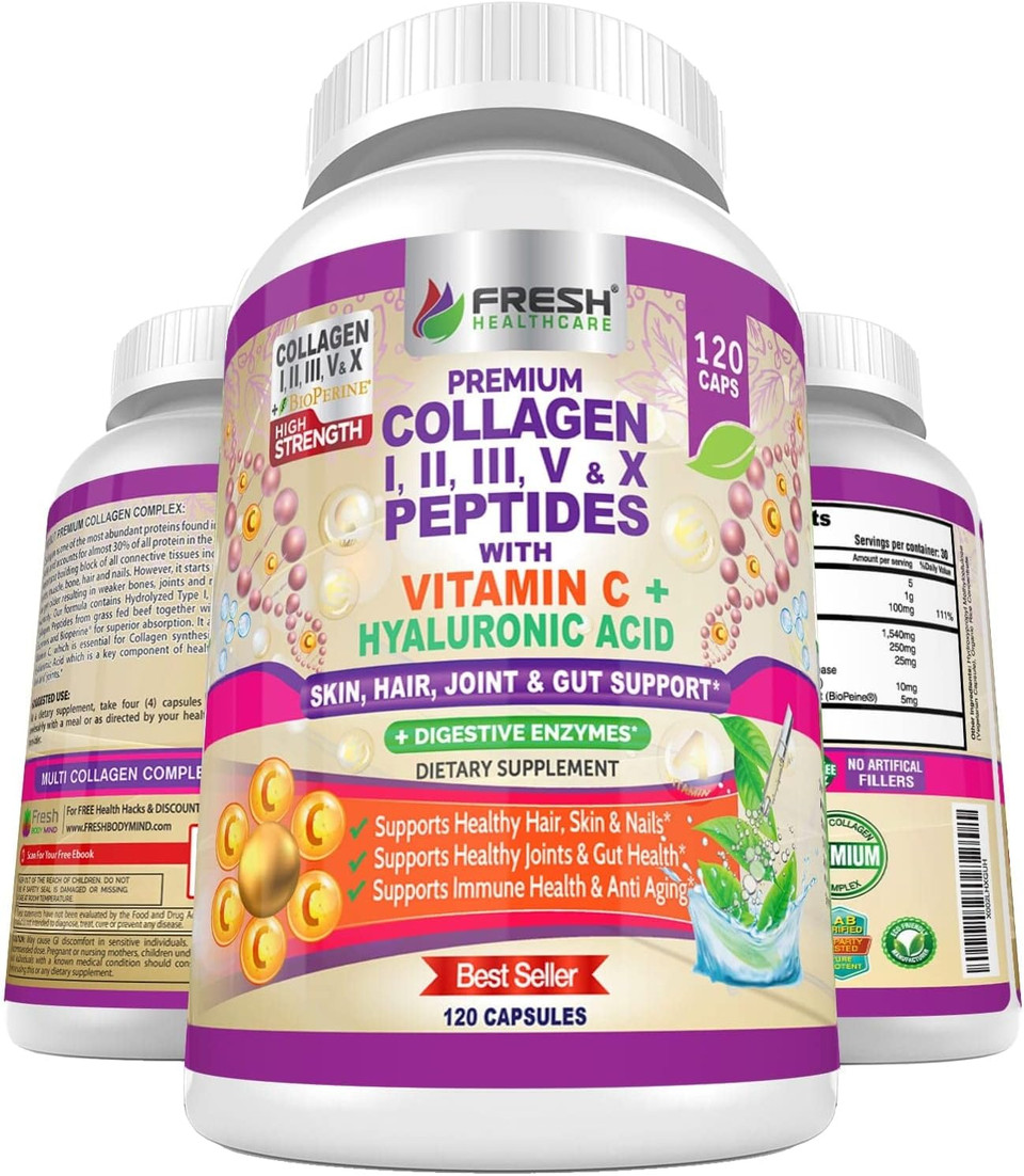 Fresh Healthcare Multi Collagen Pills With Type I, Ii, Iii, V & X Peptides With Vitamin C, Hyaluronic Acid - Supports Healthy Hair, Skin, Nails And Joints - 120 Kosher Capsules Fresh Healthcare Multi Collagen Pills With Type I, Ii, Iii, V & X Peptides With Vitamin C, Hyaluronic Acid - Supports Healthy Hair, Skin, Nails And Joints - 120 Kosher Capsules