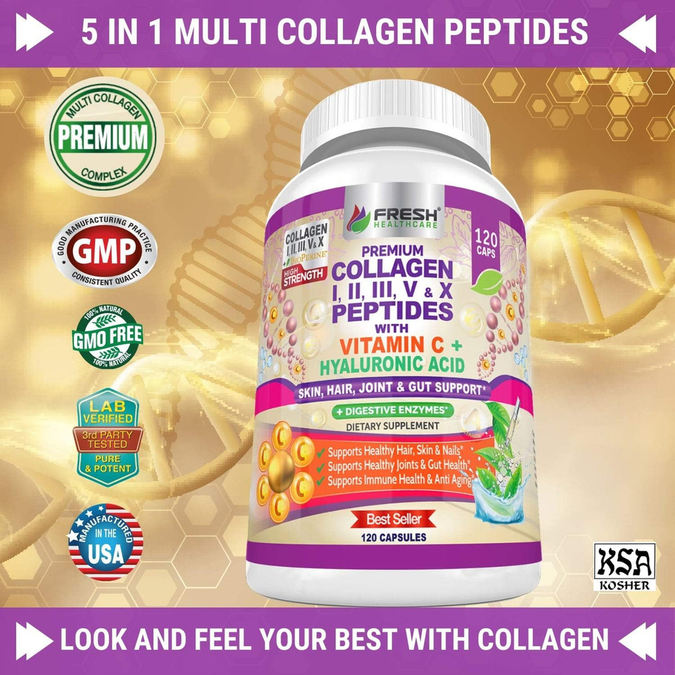 Fresh Healthcare Multi Collagen Pills With Type I, Ii, Iii, V & X Peptides With Vitamin C, Hyaluronic Acid - Supports Healthy Hair, Skin, Nails And Joints - 120 Kosher Capsules Fresh Healthcare Multi Collagen Pills With Type I, Ii, Iii, V & X Peptides With Vitamin C, Hyaluronic Acid - Supports Healthy Hair, Skin, Nails And Joints - 120 Kosher Capsules