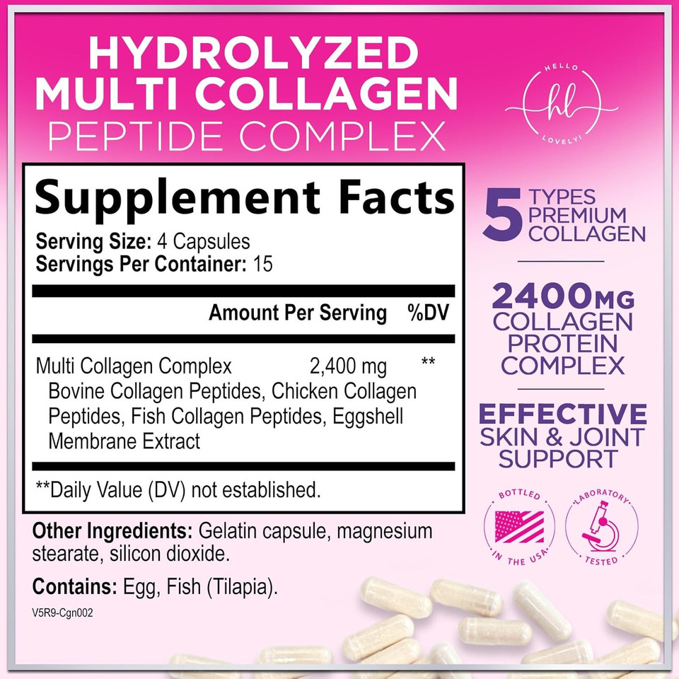 Multi Collagen Peptides For Women - Best Collagen Hydrolyzed Complex 5 Types, Grass Fed Peptides For Hair, Skin, Nail, Bone & Joint Health Support, Collagen Powder Caps For Women & Men - 120 Capsules