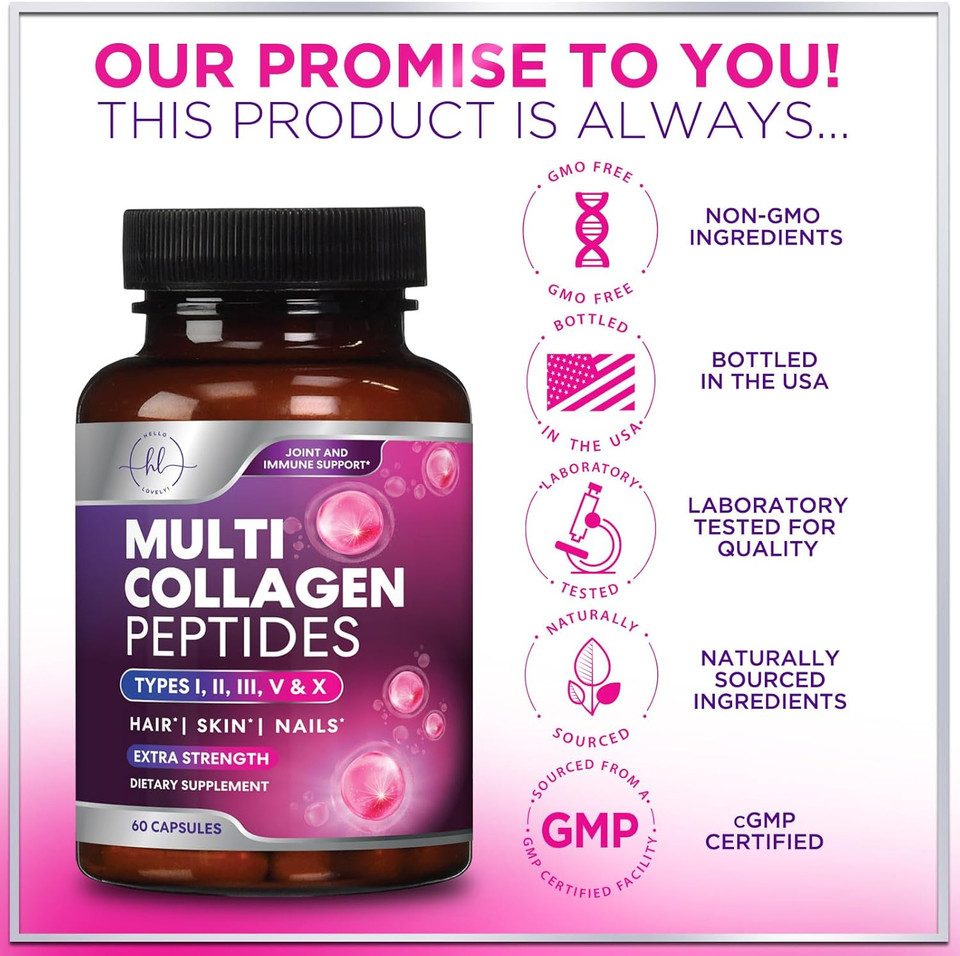 Multi Collagen Peptides For Women - Best Collagen Hydrolyzed Complex 5 Types, Grass Fed Peptides For Hair, Skin, Nail, Bone & Joint Health Support, Collagen Powder Caps For Women & Men - 120 Capsules