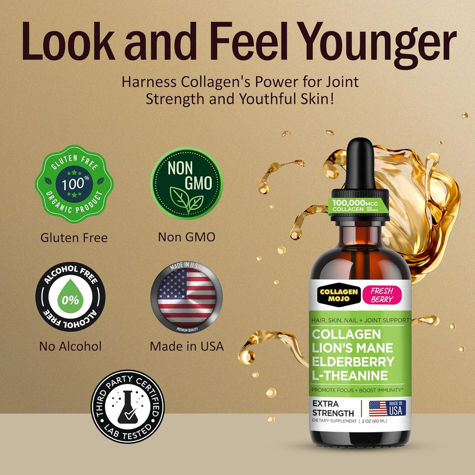 Collagen Mojo - Liquid Collagen For Women & Men, Collagen Peptides With Lion'S Mane Mushroom, Elderberry & L-Theanine - Hair, Skin, Nails, Joint Support, Focus, High Absorption - 100,000Mcg, 2 Oz Collagen Mojo - Liquid Collagen For Women & Men, Collagen Peptides With Lion'S Mane Mushroom, Elderberry & L-Theanine - Hair, Skin, Nails, Joint Support, Focus, High Absorption - 100,000Mcg, 2 Oz