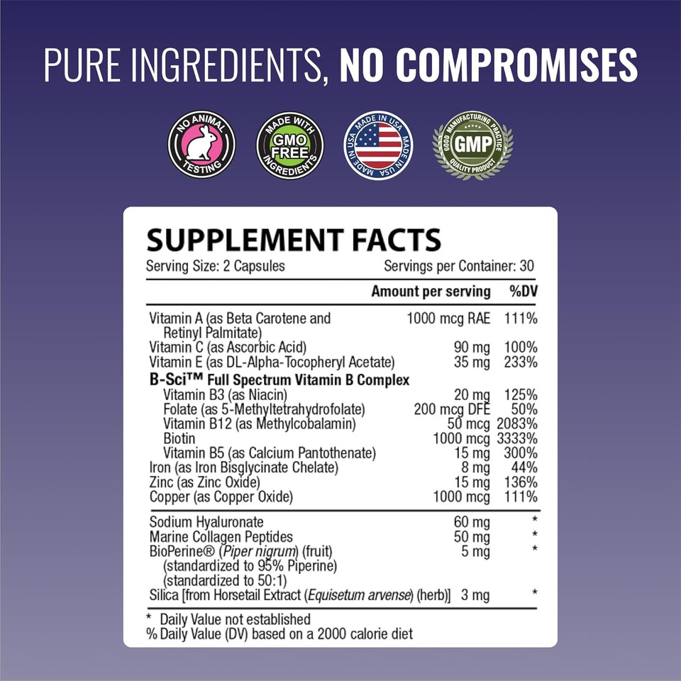 Approved Science Hair, Skin And Nails - Support Supplement - Biotin, Collagen, Vitamin B Complex, Silica, Bioperine - 180 Capsules - 3 Month Supply