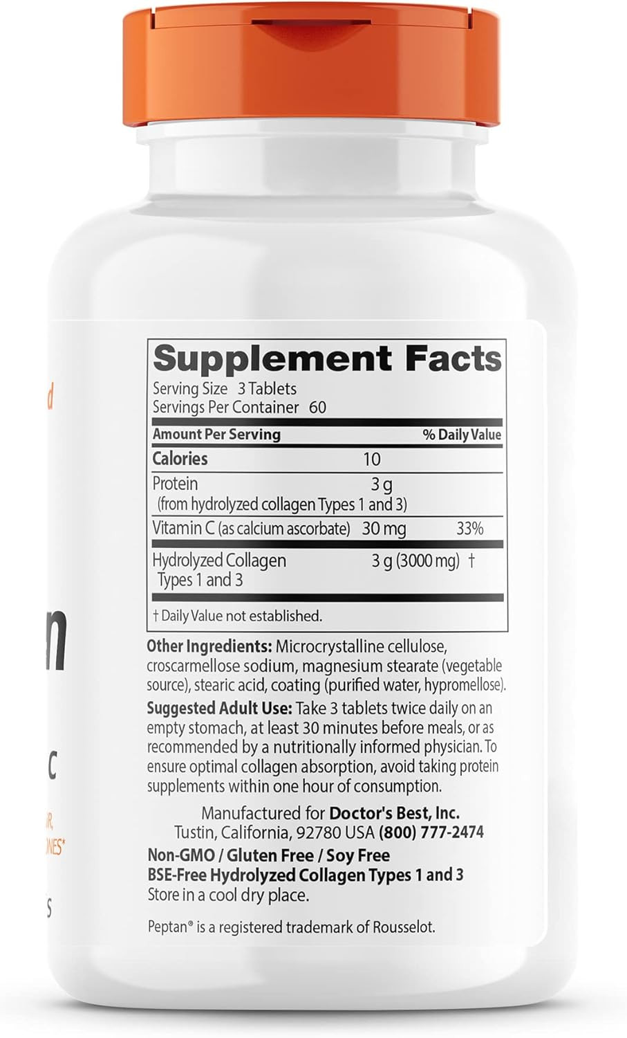 Doctor'S Best Collagen Types 1 & 3 With Peptan, Non-Gmo, Gluten Free, Soy Free, Supports Hair, Skin, Nails, Tendons & Bones, 1000 Mg, 180 Tablets