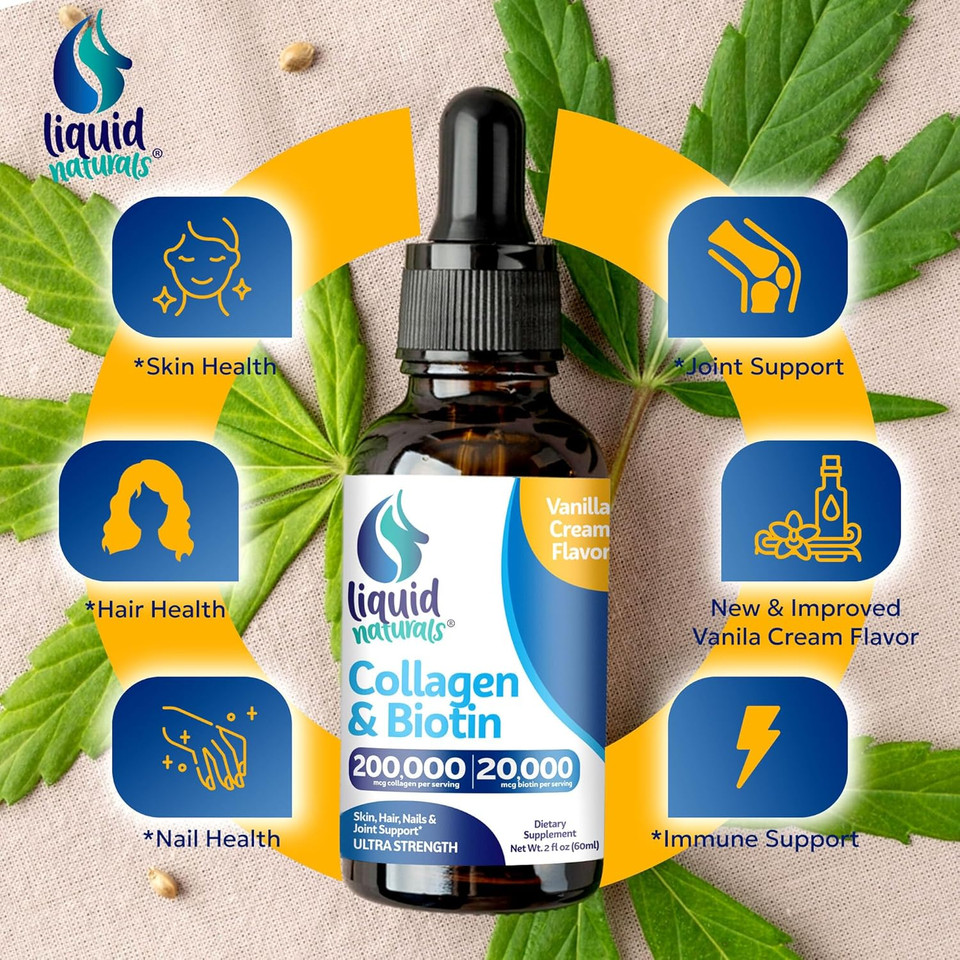 Liquid Collagen And Biotin, 2 Fl. Oz, Ultra-Strength Collagen Supplements For Women, Keto Friendly Biotin For Hair Growth Women, Nails, & Skin Vitamins B7 Collageno Peptides  Vanilla Flavor - 2 Pack