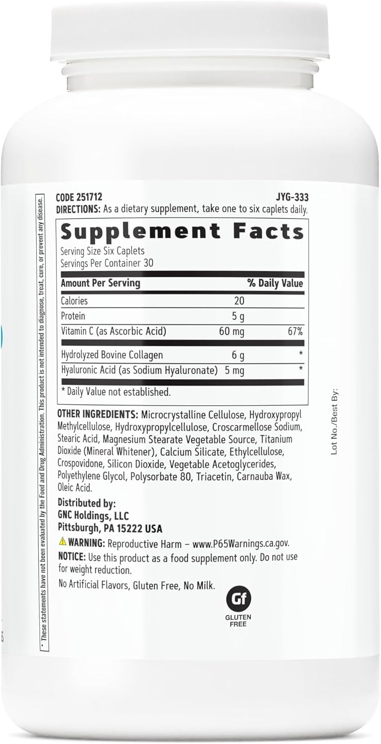 Gnc Women'S Collagen Supplement, Supports Healthy Skin And Improves Elasticity, Targeted Cell Growth And Repair Formula With Hyaluronic Acid, Natural Collagen Source, 180 Caplets