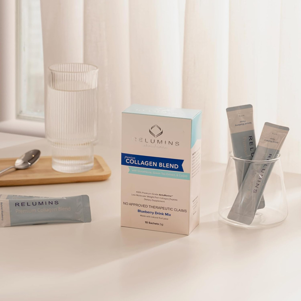 Relumins Marine Collagen Powder Drink Mix - Collagen Peptide With Glutathione, Green Tea, Coq10, & Hyaluronic Acid Boosts Smooth Glowing Skin - 10 Powder Sachets X Pineapple Flavored