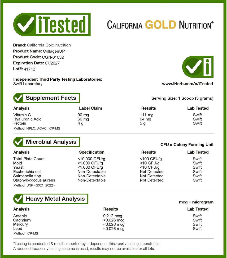 California Gold Nutrition Collagenup®, Hydrolyzed Marine Collagen Peptides With Hyaluronic Acid And Vitamin C, Unflavored, 7.26 Oz (206 G)