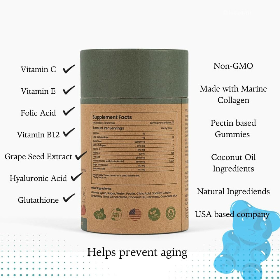 Marine Collagen Gummies 500Mg + Hyaluronic Acid + Grapeseed + Vitamin C, B12, E (Vegetarian Collagen)