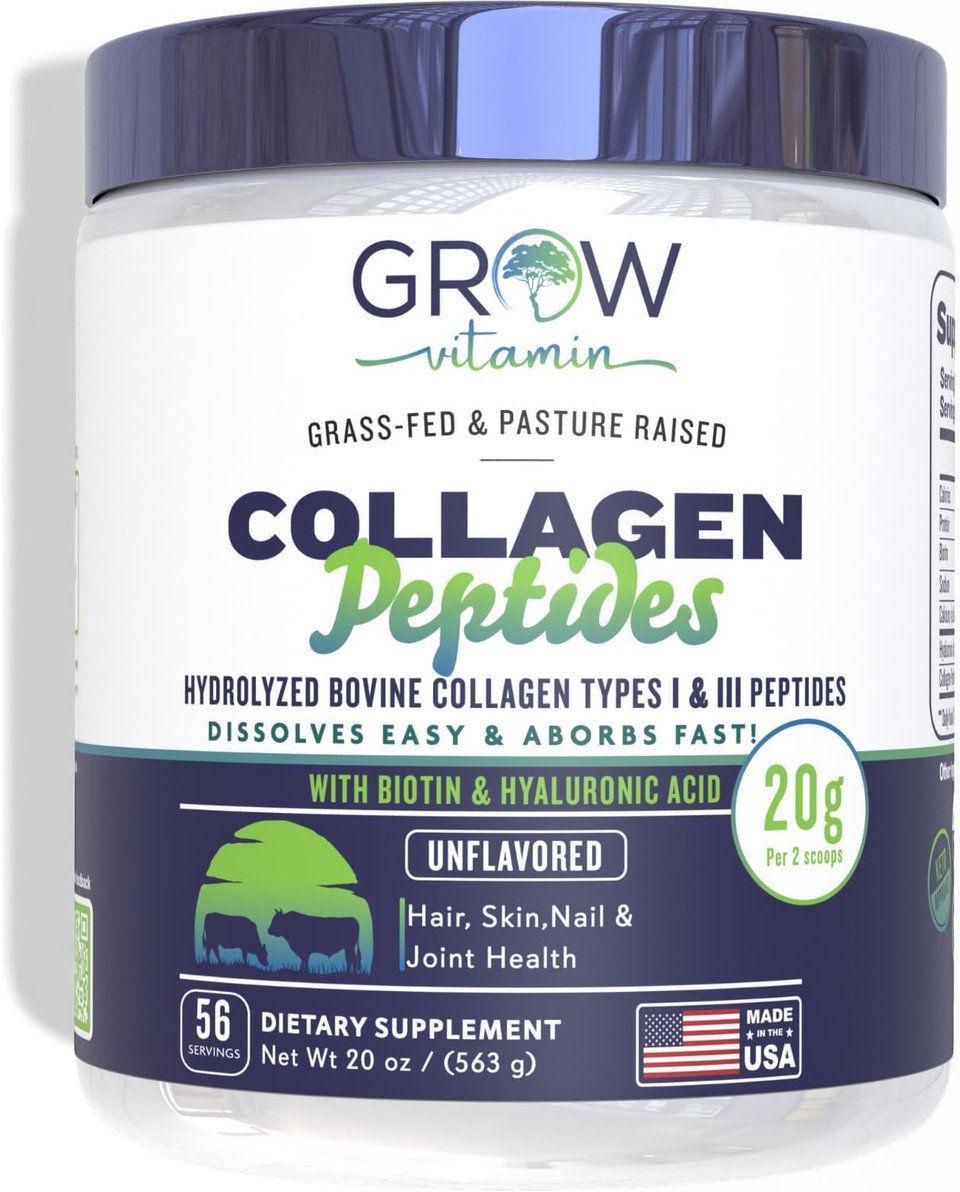 Grow Vitamin Collagen Peptides Powder, Grass Fed Bovine Collagen Powder Type I & Iii, Promotes Hair, Nail, Skin Health And Beauty, Supports Bone And Joint Health, Unflavored, 20 Oz, 56 Servings