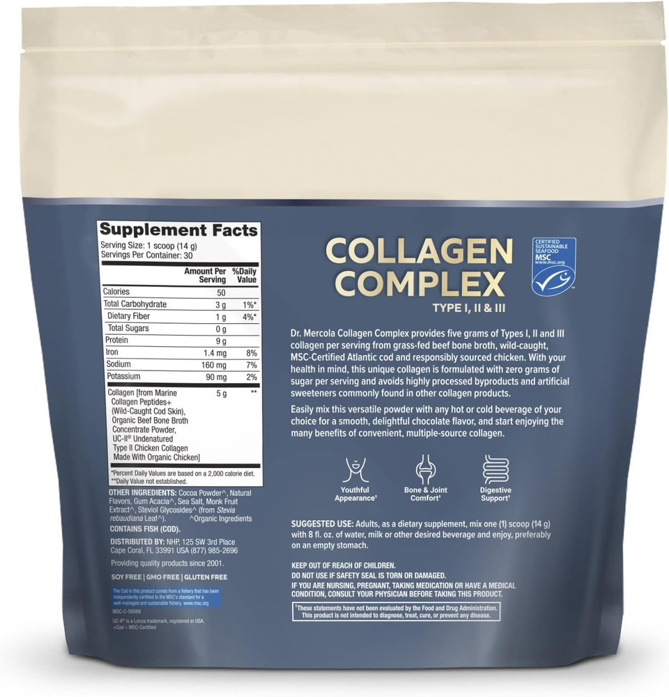 Dr. Mercola Collagen Complex Powder - Supports Skin Elasticity & Joint Function - Multi-Source Collagen Types I Ii Iii - 10.89 Oz (30 Servings) - Chocolate