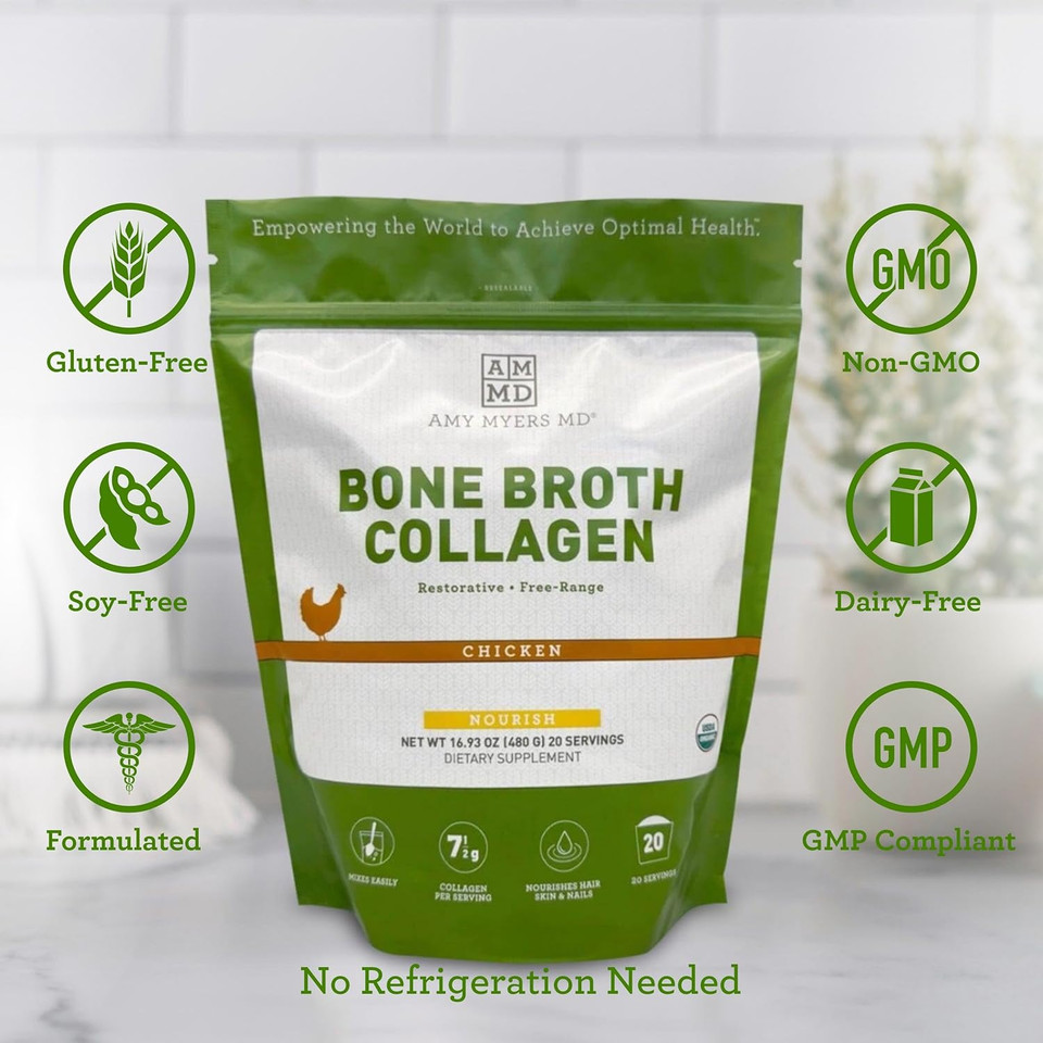 Amy Myers Md Bone Broth Collagen Powder - Organic Chicken Bone Broth - Supports Healthy Skin & Nails - For Gut Health & Joint Support - 20 Servings, Chicken Flavor