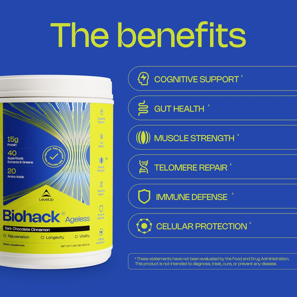 Levelup Biohack Ageless: Colostrum Collagen Superfoods Antioxidants Spermidine Amino Acids Creatine For Women And Men, Total Body Rejuvenation (Dark Chocolate Cinnamon)