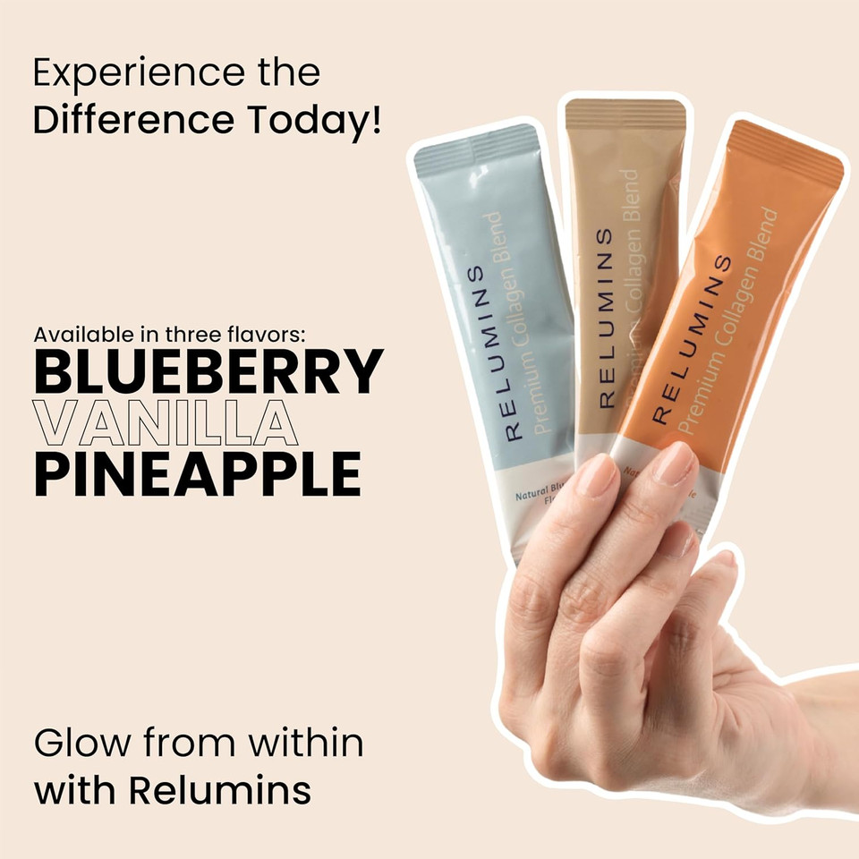 Relumins Marine Collagen Powder Drink Mix - Collagen Peptide With Glutathione, Green Tea, Coq10, & Hyaluronic Acid Boosts Smooth Glowing Skin - 100 Powder Sachets X Mix Flavored