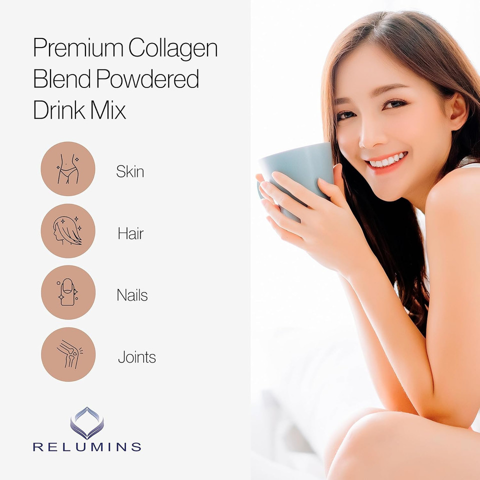 Relumins Marine Collagen Powder Drink Mix - Collagen Peptide With Glutathione, Green Tea, Coq10, & Hyaluronic Acid Promotes Glowing Skin - 100 Powder Sachets X Blueberry Flavored + 10 Free Sachets