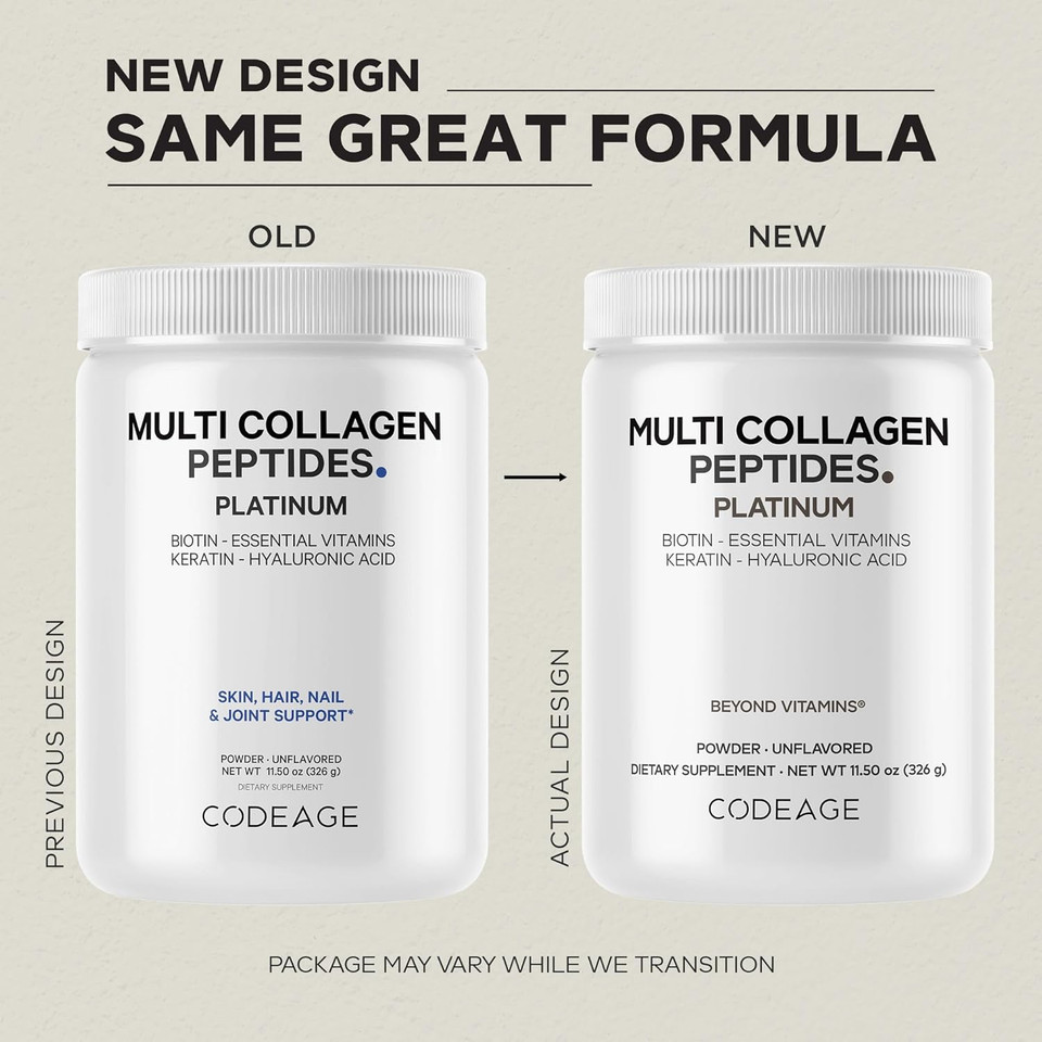 Codeage Multi Collagen For Women & Men Biotin 10000Mcg Keratin, Protein Powder Vitamin C B6 D3, Hyaluronic Acid, Niacin - Hydrolyzed Collagen Coffee Creamer 5 Types - Unflavored - Non-Gmo - 11.5Oz